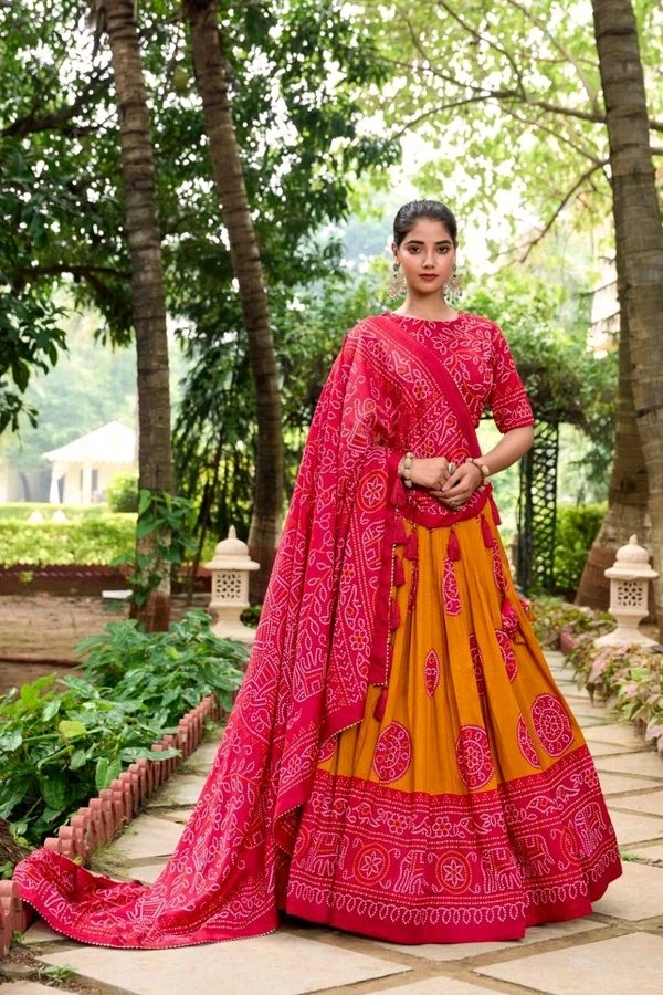 Antique Fashion 1 Artistry in Silk: Tussar Lehenga Choli with Bandhej Print  - mustard, Stitched Blouse
