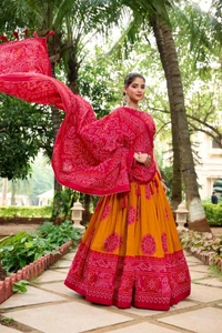 Antique Fashion 1 Artistry in Silk: Tussar Lehenga Choli with Bandhej Print  - mustard, Stitched Blouse
