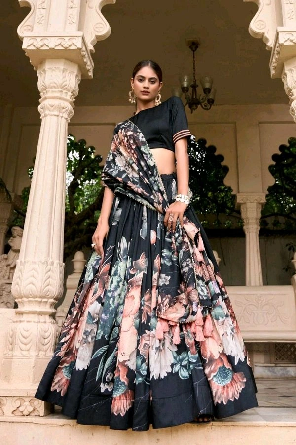 Antique Fashion 1 In a world of monochrome be the burst of color in a floral print lehenga  - colour 4, Stitched Blouse