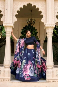 Antique Fashion 1 In a world of monochrome be the burst of color in a floral print lehenga  - colour 3, Stitched Blouse
