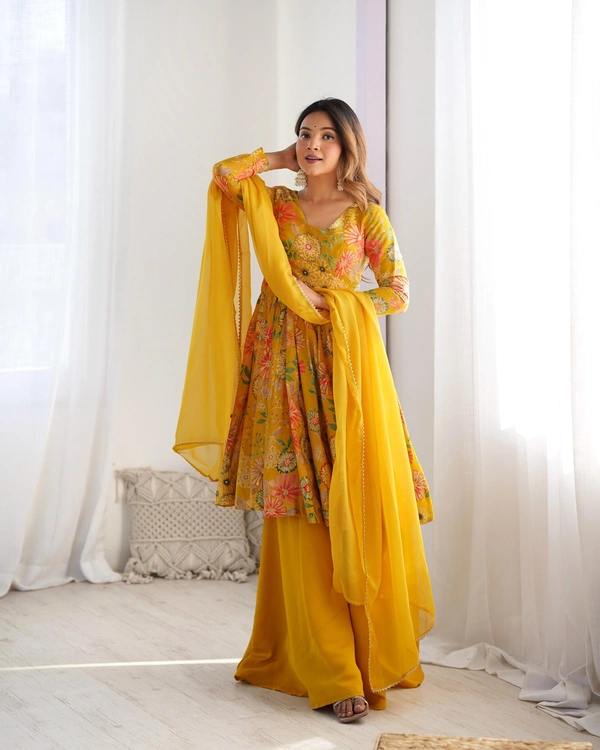 Antique Fashion 1 SOFT ROMANSILK CHANDERI DISCHARGE PRINT FABRIC FULLY FLAIR KEDIYA STYLE KURTA,WITH DUPPTA SET,PALAZZO READY TO WEAR - Xs, yellow