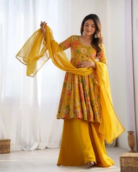 Antique Fashion 1 SOFT ROMANSILK CHANDERI DISCHARGE PRINT FABRIC FULLY FLAIR KEDIYA STYLE KURTA,WITH DUPPTA SET,PALAZZO READY TO WEAR - Xs, yellow