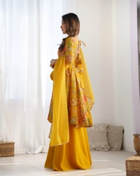Antique Fashion 1 SOFT ROMANSILK CHANDERI DISCHARGE PRINT FABRIC FULLY FLAIR KEDIYA STYLE KURTA,WITH DUPPTA SET,PALAZZO READY TO WEAR - Xs, yellow