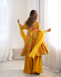 Antique Fashion 1 SOFT ROMANSILK CHANDERI DISCHARGE PRINT FABRIC FULLY FLAIR KEDIYA STYLE KURTA,WITH DUPPTA SET,PALAZZO READY TO WEAR - Xs, yellow