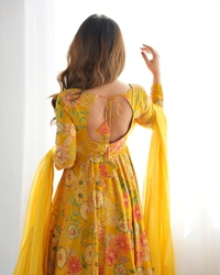 Antique Fashion 1 SOFT ROMANSILK CHANDERI DISCHARGE PRINT FABRIC FULLY FLAIR KEDIYA STYLE KURTA,WITH DUPPTA SET,PALAZZO READY TO WEAR - Xs, yellow