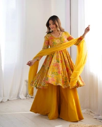 Antique Fashion 1 SOFT ROMANSILK CHANDERI DISCHARGE PRINT FABRIC FULLY FLAIR KEDIYA STYLE KURTA,WITH DUPPTA SET,PALAZZO READY TO WEAR - L, yellow