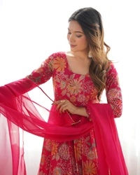 Antique Fashion 1 SOFT ROMANSILK CHANDERI DISCHARGE PRINT FABRIC FULLY FLAIR KEDIYA STYLE KURTA,WITH DUPPTA SET,PALAZZO READY TO WEAR - Xs, Ranipink