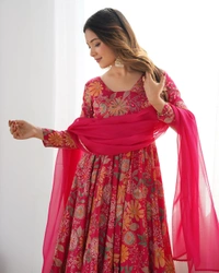 Antique Fashion 1 SOFT ROMANSILK CHANDERI DISCHARGE PRINT FABRIC FULLY FLAIR KEDIYA STYLE KURTA,WITH DUPPTA SET,PALAZZO READY TO WEAR - Xs, Ranipink