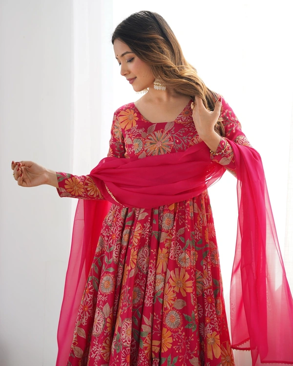 Antique Fashion 1 SOFT ROMANSILK CHANDERI DISCHARGE PRINT FABRIC FULLY FLAIR KEDIYA STYLE KURTA,WITH DUPPTA SET,PALAZZO READY TO WEAR - Xs, Ranipink