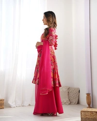 Antique Fashion 1 SOFT ROMANSILK CHANDERI DISCHARGE PRINT FABRIC FULLY FLAIR KEDIYA STYLE KURTA,WITH DUPPTA SET,PALAZZO READY TO WEAR - Xs, Ranipink