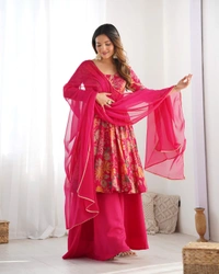 Antique Fashion 1 SOFT ROMANSILK CHANDERI DISCHARGE PRINT FABRIC FULLY FLAIR KEDIYA STYLE KURTA,WITH DUPPTA SET,PALAZZO READY TO WEAR - Xxl, Ranipink