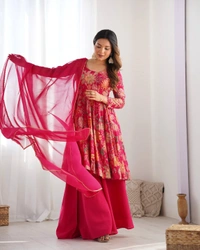 Antique Fashion 1 SOFT ROMANSILK CHANDERI DISCHARGE PRINT FABRIC FULLY FLAIR KEDIYA STYLE KURTA,WITH DUPPTA SET,PALAZZO READY TO WEAR - Xxl, Ranipink