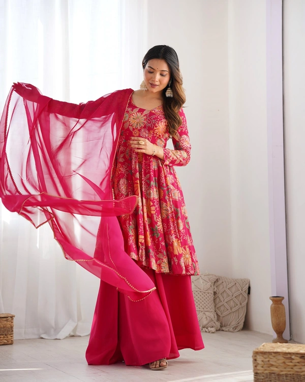 Antique Fashion 1 SOFT ROMANSILK CHANDERI DISCHARGE PRINT FABRIC FULLY FLAIR KEDIYA STYLE KURTA,WITH DUPPTA SET,PALAZZO READY TO WEAR - Xxl, Ranipink