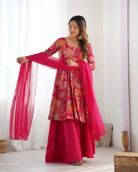 Antique Fashion 1 SOFT ROMANSILK CHANDERI DISCHARGE PRINT FABRIC FULLY FLAIR KEDIYA STYLE KURTA,WITH DUPPTA SET,PALAZZO READY TO WEAR - Xxl, Ranipink