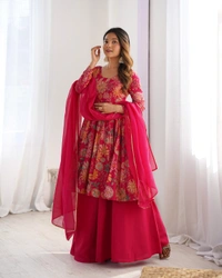 Antique Fashion 1 SOFT ROMANSILK CHANDERI DISCHARGE PRINT FABRIC FULLY FLAIR KEDIYA STYLE KURTA,WITH DUPPTA SET,PALAZZO READY TO WEAR - Xxl, Ranipink