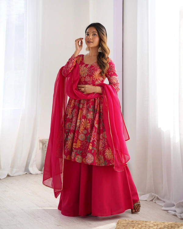 Antique Fashion 1 SOFT ROMANSILK CHANDERI DISCHARGE PRINT FABRIC FULLY FLAIR KEDIYA STYLE KURTA,WITH DUPPTA SET,PALAZZO READY TO WEAR - Xxl, Ranipink