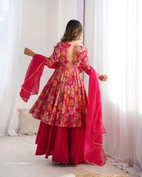Antique Fashion 1 SOFT ROMANSILK CHANDERI DISCHARGE PRINT FABRIC FULLY FLAIR KEDIYA STYLE KURTA,WITH DUPPTA SET,PALAZZO READY TO WEAR - M, Ranipink