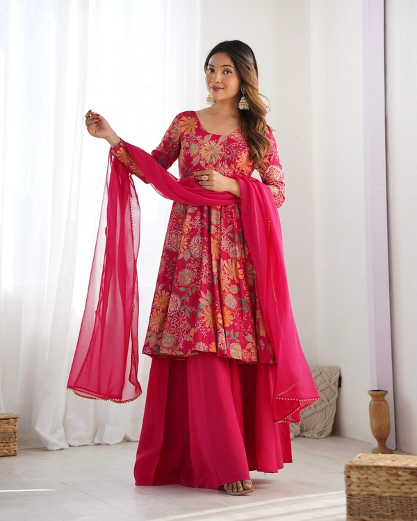 Antique Fashion 1 SOFT ROMANSILK CHANDERI DISCHARGE PRINT FABRIC FULLY FLAIR KEDIYA STYLE KURTA,WITH DUPPTA SET,PALAZZO READY TO WEAR - S, Ranipink