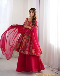 Antique Fashion 1 SOFT ROMANSILK CHANDERI DISCHARGE PRINT FABRIC FULLY FLAIR KEDIYA STYLE KURTA,WITH DUPPTA SET,PALAZZO READY TO WEAR - S, Ranipink