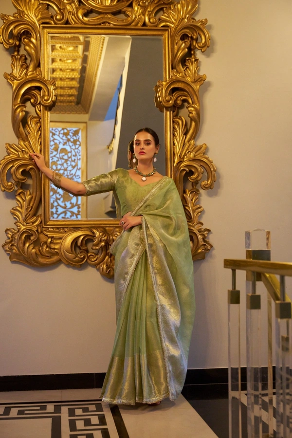 Antique Fashion 1 Tissue Simmer saree - Pista, Unstiched Blouse, Xl