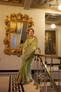Antique Fashion 1 Tissue Simmer saree - Pista, Unstiched Blouse, Xl