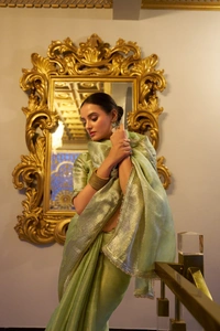 Antique Fashion 1 Tissue Simmer saree - Pista, Unstiched Blouse, Xl