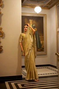 Antique Fashion 1 Tissue Simmer saree - Gold, Unstiched Blouse, L