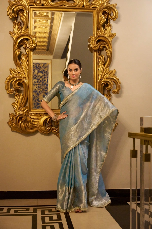 Antique Fashion 1 Tissue Simmer saree - Neptune, Stiched Blouse, M