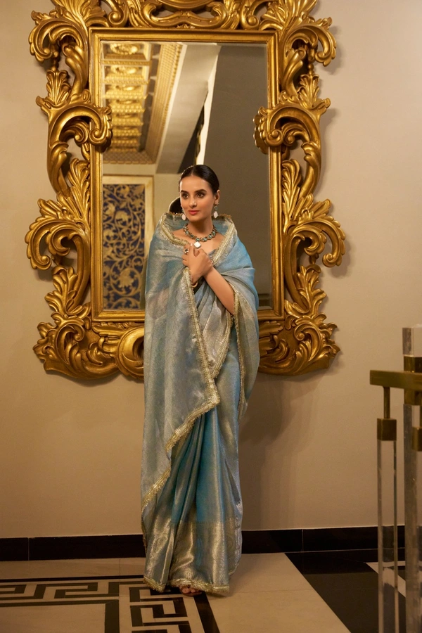 Antique Fashion 1 Tissue Simmer saree - Neptune, Unstiched Blouse, M