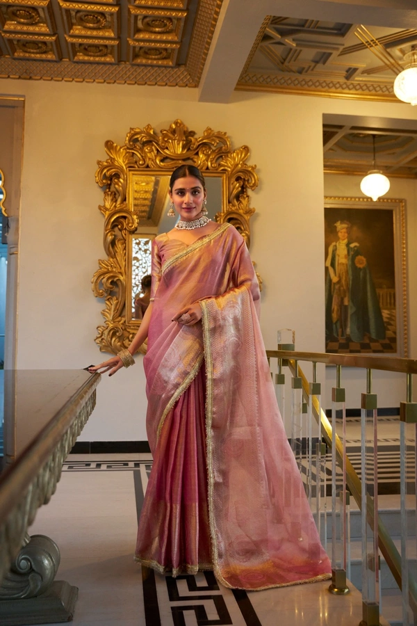 Antique Fashion 1 Tissue Simmer saree - Turkish Rose, Unstiched Blouse, Xl