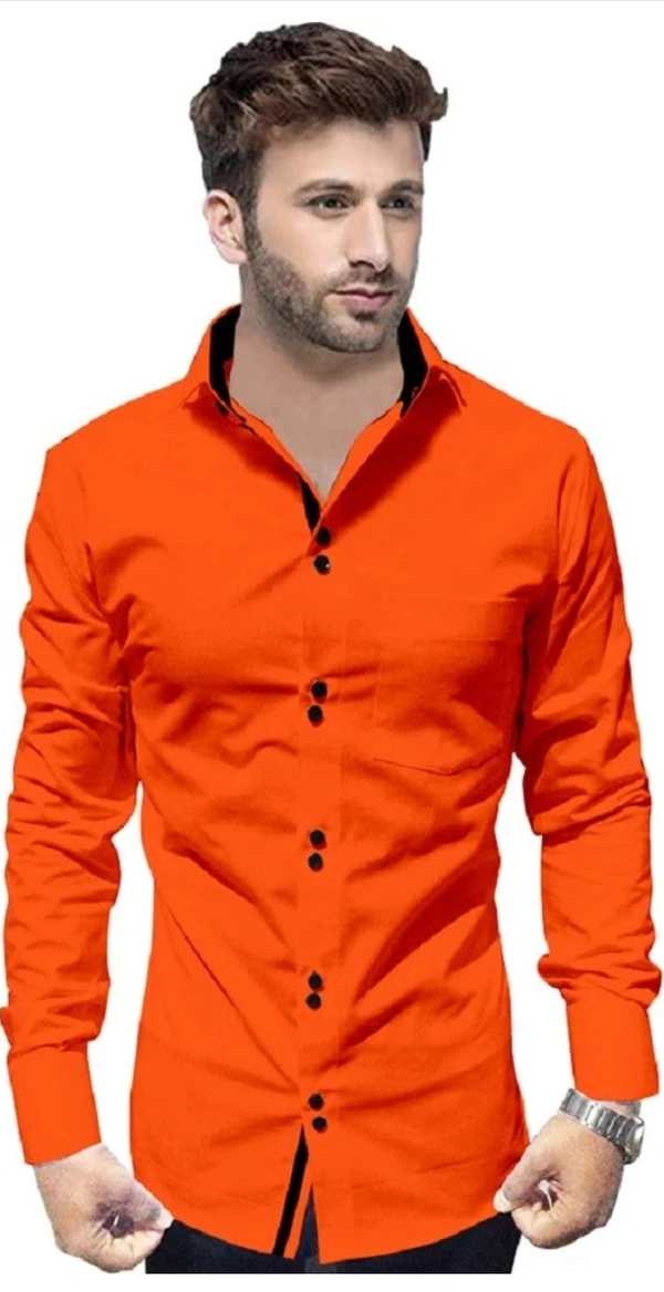 Men Slim Fit Solid Spread Collar Casual Shirt - Red Orange, S