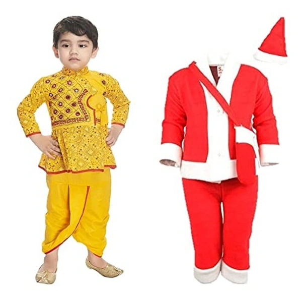 PK HUB Baby Boys Cotton Traditional Full Sleeve Yellow Rajasthani Angrakha Dress with Dhoti and Santa Claus Dress PACK OF 2