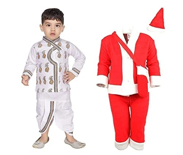 PK HUB Boy's Cotton Kurta With Platting Dhoti and Santa Claus Dress Combo (PACK OF 2) - 6-12month