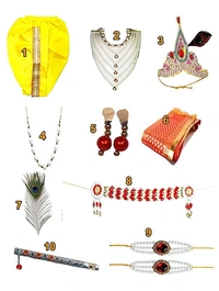 PK HUB Krishna Dandiya Garbha Navratri Dress 15 (6-12 Months) Set of 10 Items, Dhoti, bansuri,kundal,kamarbandh,2 mala,Bandhani,mukut,morpankh and patka for Diwali - 1-2year