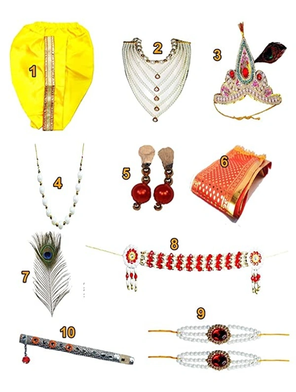 PK HUB Krishna Dandiya Garbha Navratri Dress 15 (6-12 Months) Set of 10 Items, Dhoti, bansuri,kundal,kamarbandh,2 mala,Bandhani,mukut,morpankh and patka for Diwali - 1-2year