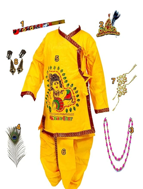 PK HUB® Kid's Cotton Fabric Krishna Dress with Dhoti, Kurta, Bansuri, Mor Pankh, Mukut, Bandhani, Mala, Kundal - Pack of 8 - 4-5year