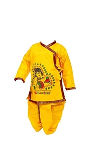 PK HUB® Kid's Cotton Fabric Krishna Dress with Dhoti, Kurta, Bansuri, Mor Pankh, Mukut, Bandhani, Mala, Kundal - Pack of 8 - 4-5year