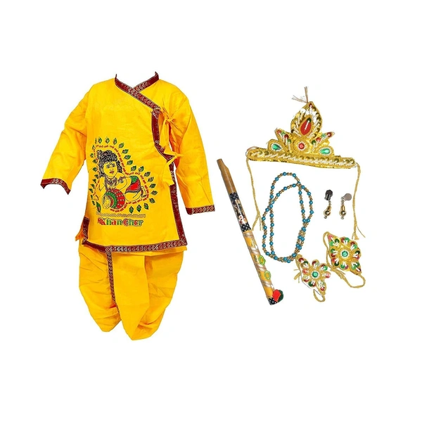 PK HUB Janmashtmi Krishna Dress Costume For Kids Cotton Comfortable Set of 8 Items Dhoti Kurta Mukut Mala Earings Bajuband Kamarband Murli