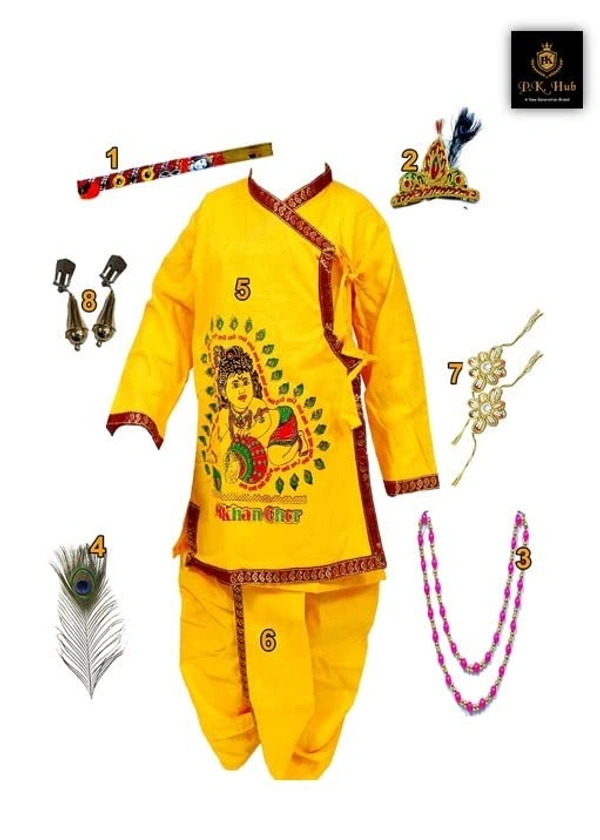 PK HUB Krishna Kids Dress 14 Ethnic wear Costume in Cotton Fabric Pack of 8 Dhoti Kurta BANSURI MOR PANKH MUKUT BANDHNI MALA KUNDAL