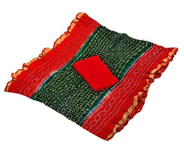 PK HUB®Women's Silk Gadhchola Bandhani Saree Rajasthani Bandhej With Zari Checks Saree With Blouse and Washable - GREEN&RED