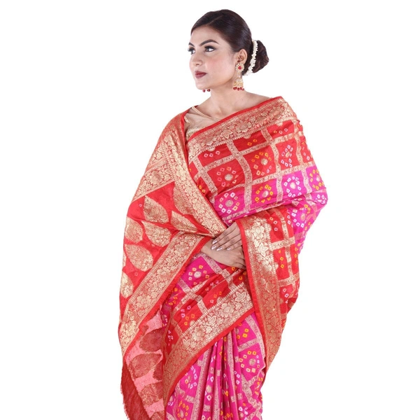PK HUB Women's Bandhani Faux Silk Saree With Blouse Piece (Gharchola Saree Red Pink_Red Pink) - MULTI