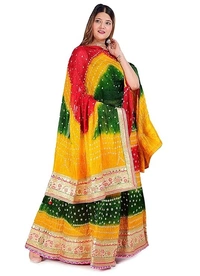 PK HUB Women's Jaipuri Crepe Lehenga Choli with Art Silk bandhej Dupatta Gota Patti Work - Free Size