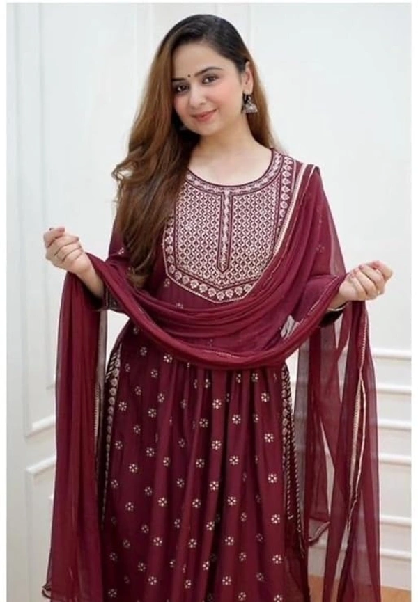 PK HUB Women’s Cotton Blend Embroidered Nayra Cut Kurti with Pant and Dupatta – Elegant 3-Piece Kurta Set for Girls & Women - M, Maroon