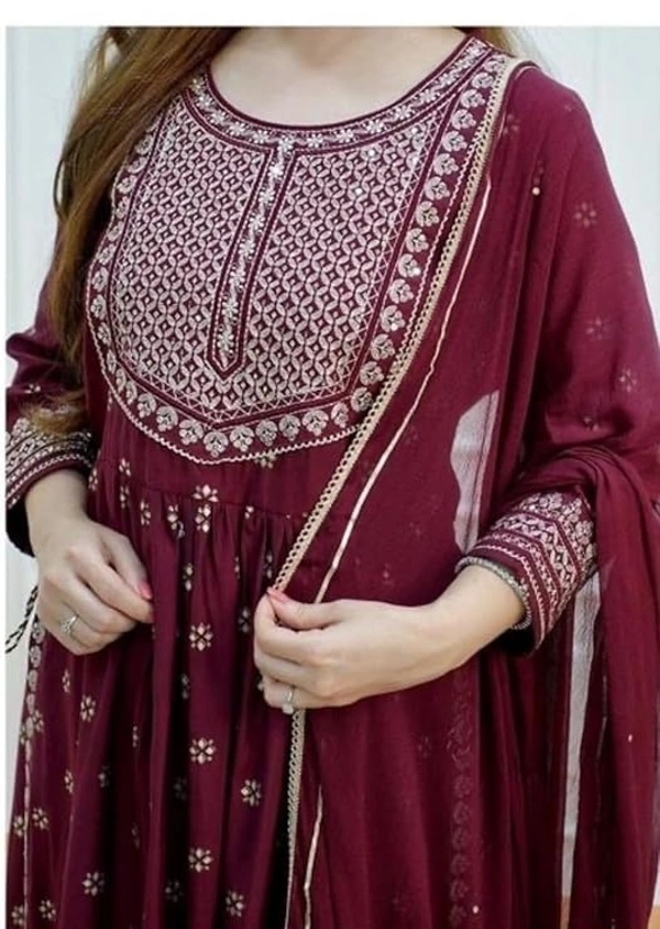 PK HUB Women’s Cotton Blend Embroidered Nayra Cut Kurti with Pant and Dupatta – Elegant 3-Piece Kurta Set for Girls & Women - M, Maroon