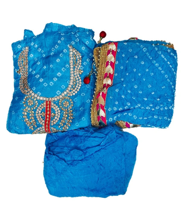 Art Silk Bandhani Gota Patti Work Un-Stitched Salwar Suit Dress Material - Light Blue