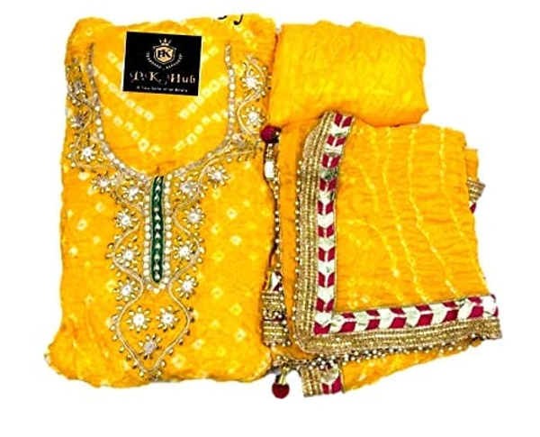 Art Silk Bandhani Gota Patti Work Un-Stitched Salwar Suit Dress Material - Yellow