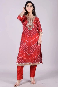 Art Silk Bandhani Gota Patti Work Un-Stitched Salwar Suit Dress Material - Red