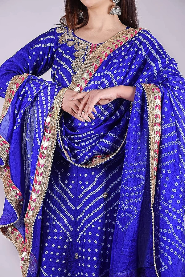 Art Silk Bandhani Gota Patti Work Un-Stitched Salwar Suit Dress Material - Blue
