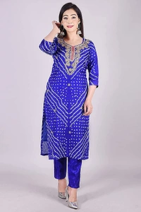 Art Silk Bandhani Gota Patti Work Un-Stitched Salwar Suit Dress Material - Blue