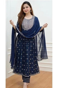 PK HUB Women’s Cotton Blend Embroidered Nayra Cut Kurti with Pant and Dupatta – Elegant 3-Piece Kurta Set for Girls & Women - XXL, BLUE